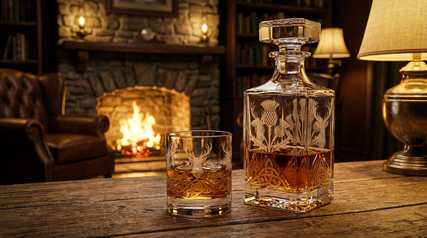 Elegancka karafka do whisky z personalizowanym grawerem na szkle, stojąca na drewnianym stole.