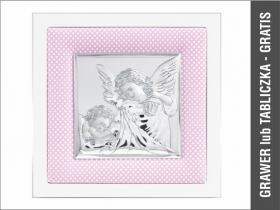 Aniołek z latarenką nad dzieckiem - srebrny obrazek na różowym materiale na białym drewnie 75020