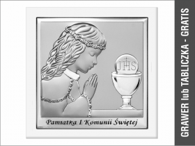 Pamiątka I Komunii Św. dla dziewczynki - srebrny kwadratowy obrazek z podpisem na białym drewnie 6568AW