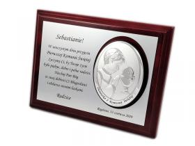 Pamiątka Komunii dla chłopczyka - srebrny obrazek i laminat srebrny na wiśniowym podkładzie