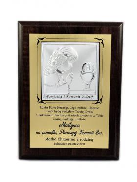 Pamiątka Komunii dla dziewczynki - srebrny kwadratowy obrazek 6568/1XA na brązowym podkładzie