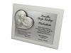 Pamiątka Chrztu Św. - srebrny obrazek z Aniołkiem w sercu na białym podkładzie
